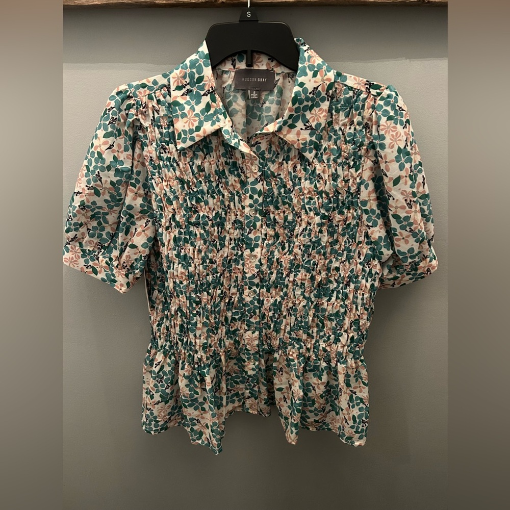 Smocked Floral Button-Up Blouse in Teal and Cream